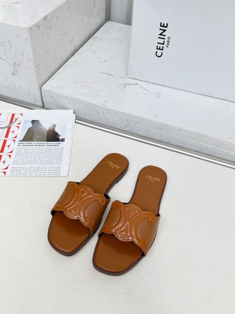 트리오페 로고 레더 슬라이드 샌들